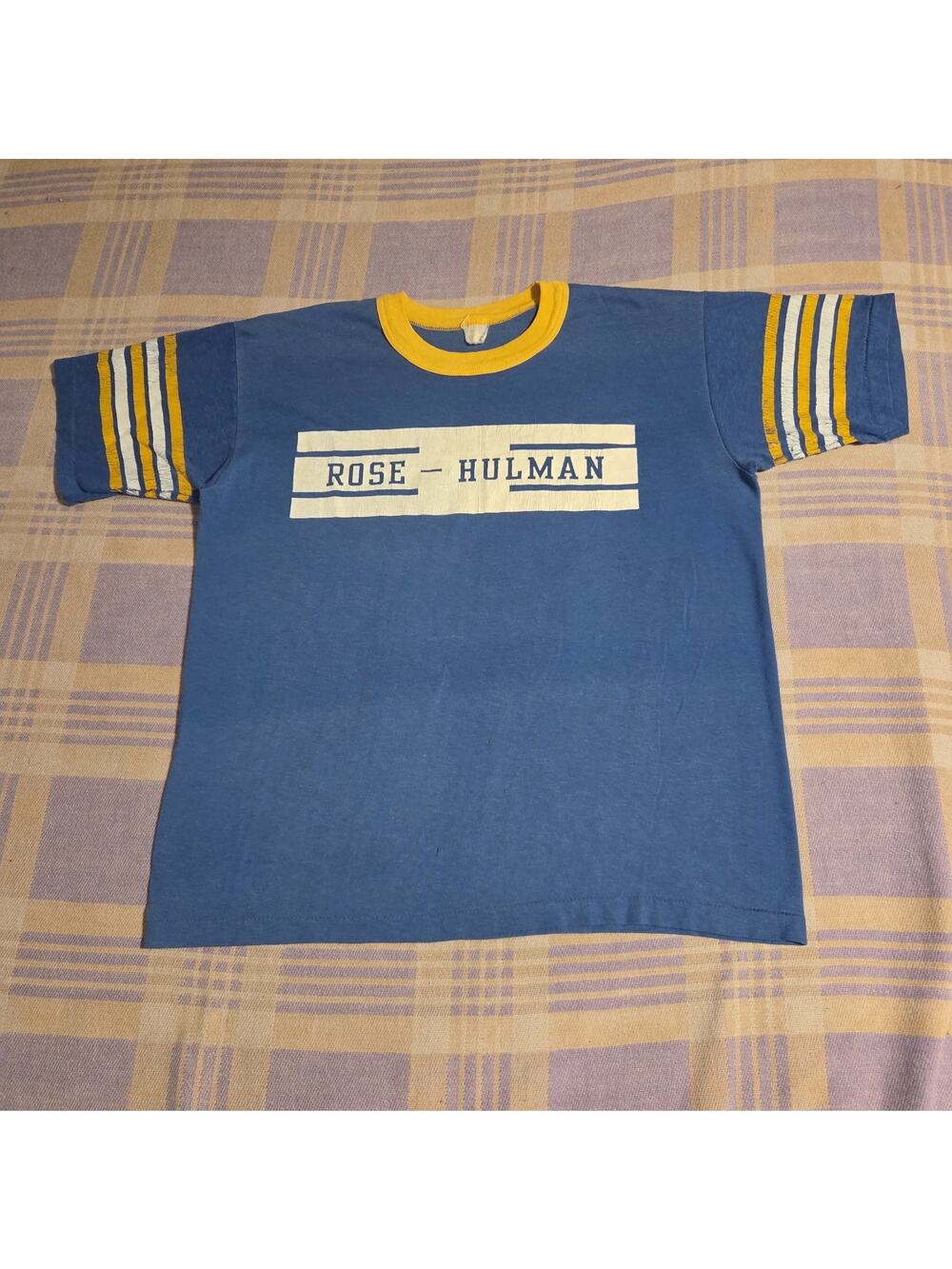 Vtg 70s Rose-Hulman T Shirt Ringer Soft Faded Blue Yellow Rare Unique 80s Style